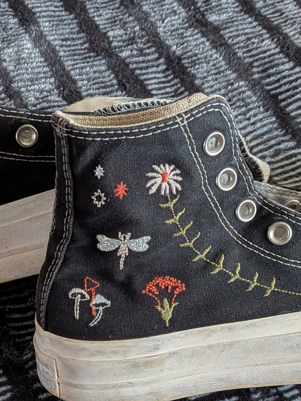 Converse Black High-Top Sneakers with Floral & Dragonfly Embroidery